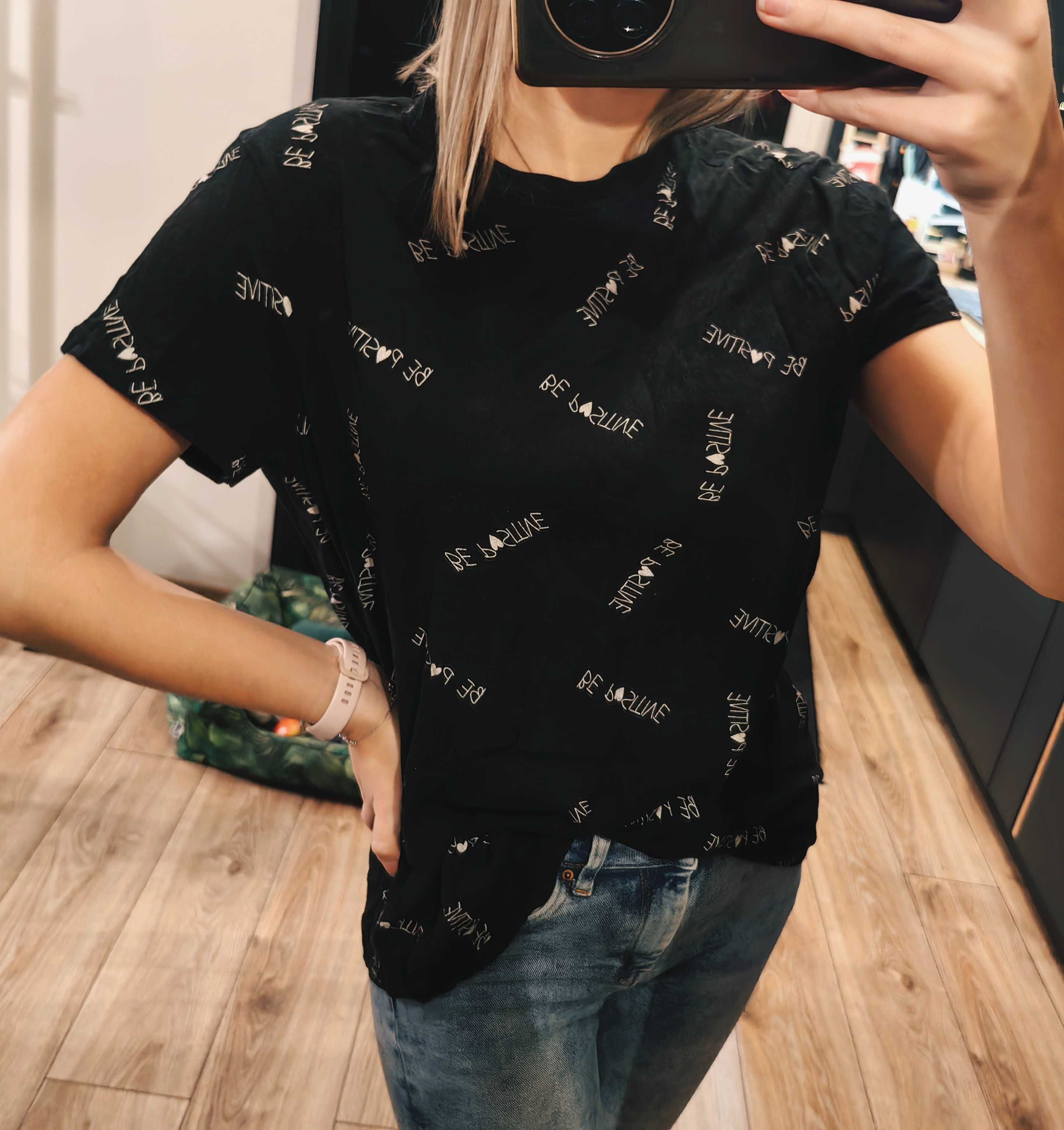 Czarny t-shirt koszulka Primark Be Positive basic M L bluzka
