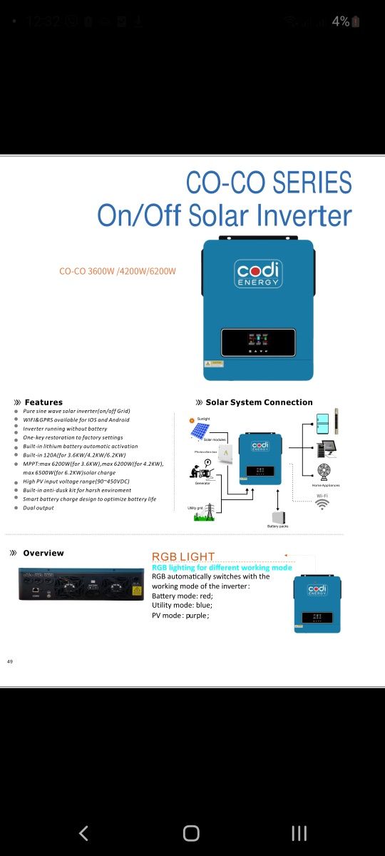 Гибридный солнечный инвертор Codi Energy 24v 4.2 квт
