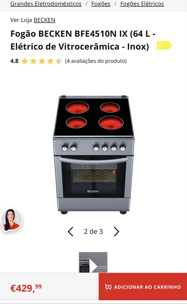 Fogão BECKEN BFE4510N IX (64 L - Elétrico de Vitrocerâmica - Inox)