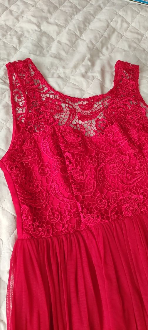 Sukienka suknia czerwona koronka gipura ażur tiul r.L