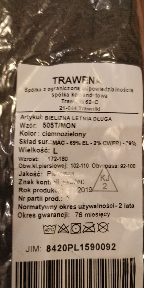 Wojskowa bielizna letnia długa, wzór 505T/MON rozmiar L