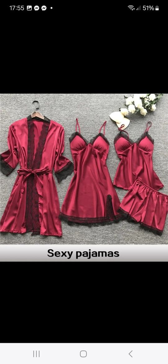 Nowy komplet satynowy bielizna nocna piżama zestaw czerwona 38 bordo