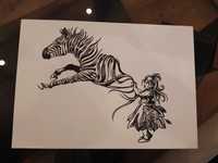 Rysunek: dziewczynka i zebra - cienkopis, blok t. A4, 200 g/m2