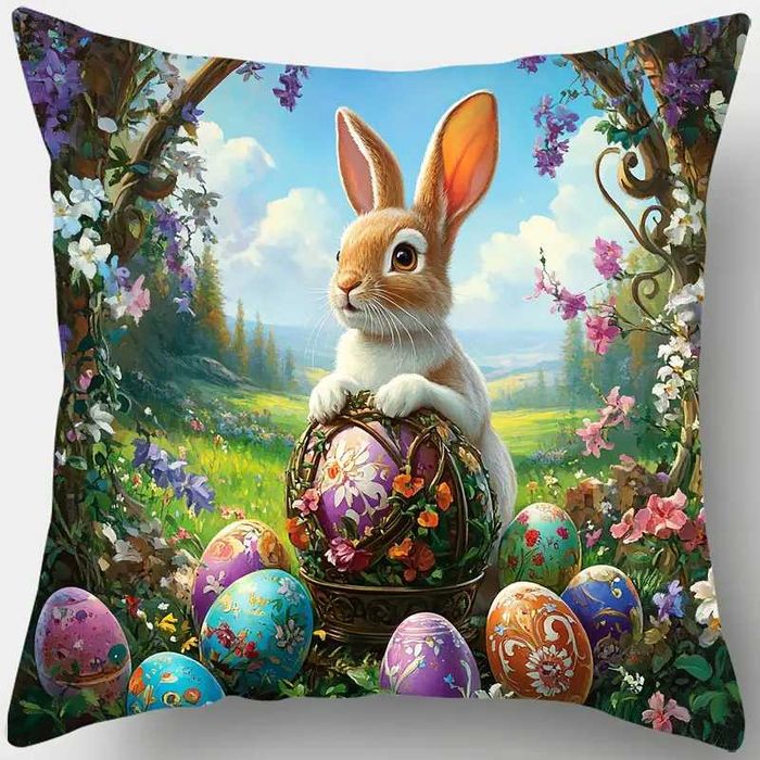 Zestaw 4 poszewek na poduszki z królikiem wielkanocnym, 45x45 cm