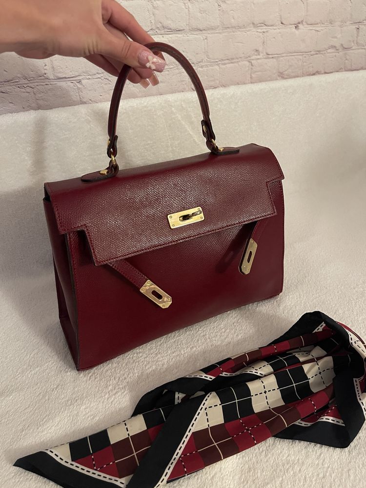 Сумка в стиле Hermes 30 см  цвет марсала бордовый