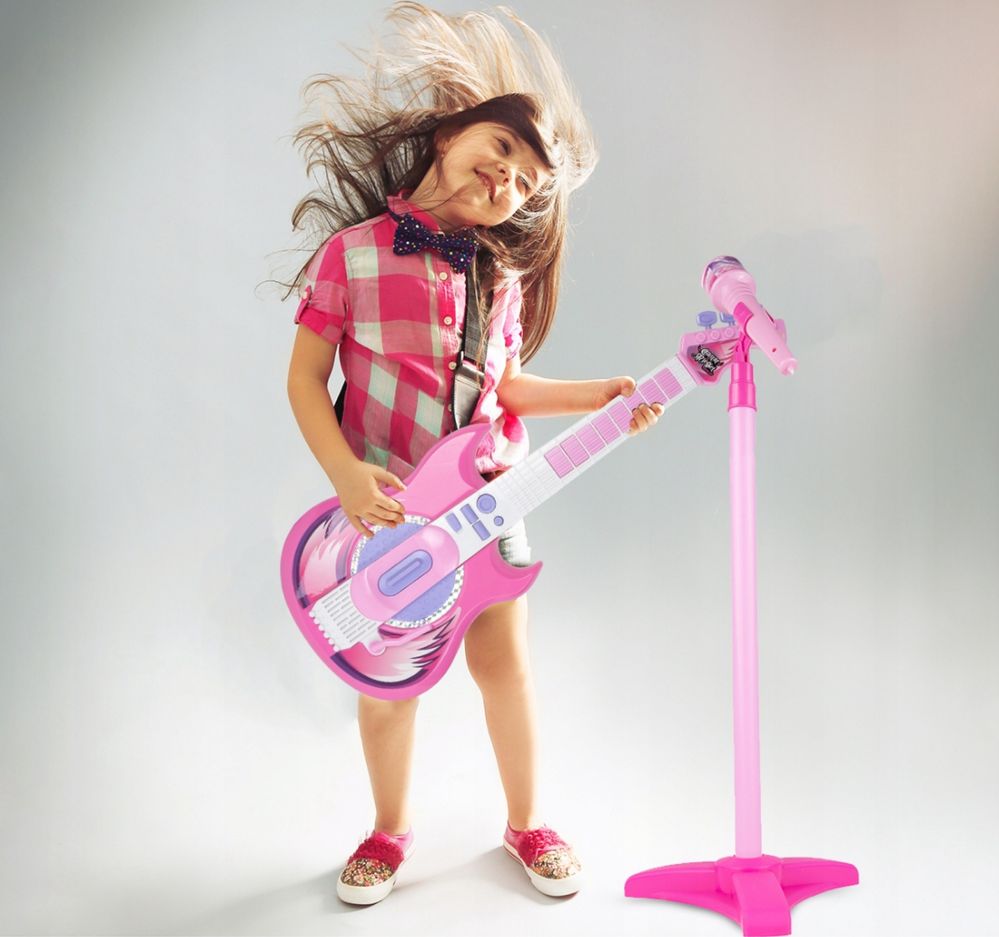 GITARA ELEKTRYCZNA Z MIKROFONEM zestaw do karaoke na statywie prezent