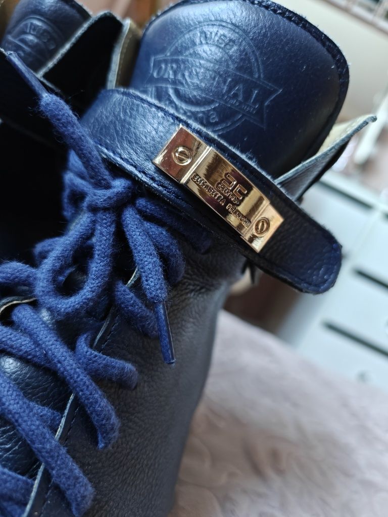 Botki skórzane skóra naturalna granatowe na koturnie 40 sneakersy