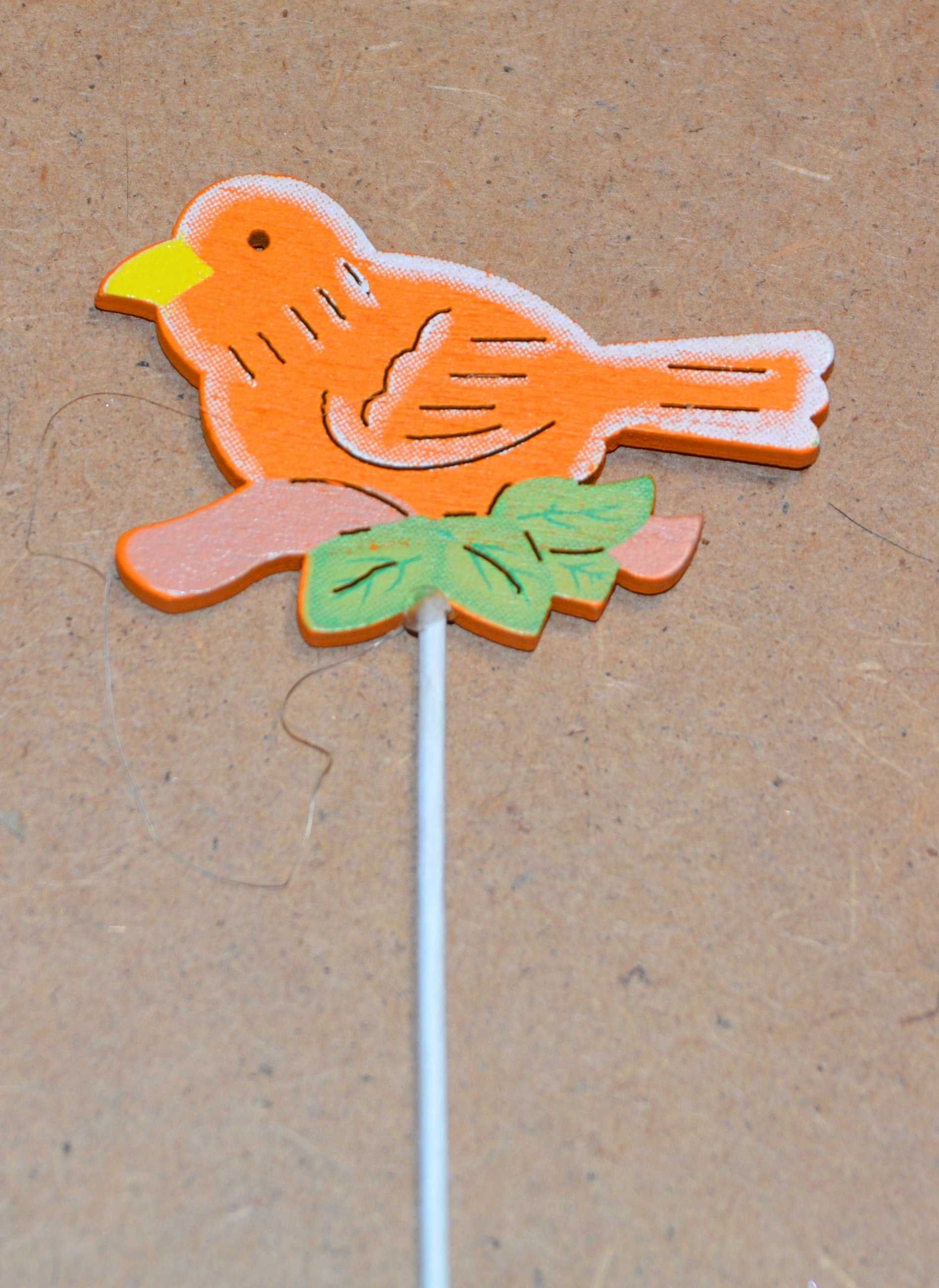 Ozdoba na piku patyku Pomarańczowy drewniany ptak 25 cm