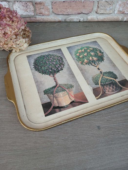 Dekoracja drewniana taca motyw roślinny 40x30cm