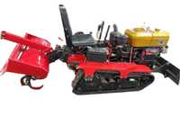 Гусеничный мини-трактор с роторным культиватором, бульдозер