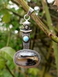 Wisiorek opal dendrytowy i larimar naturalny Indie