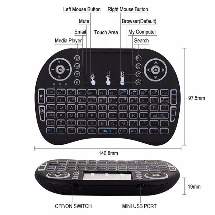 Teclado e rato touch sem fios, iluminado.