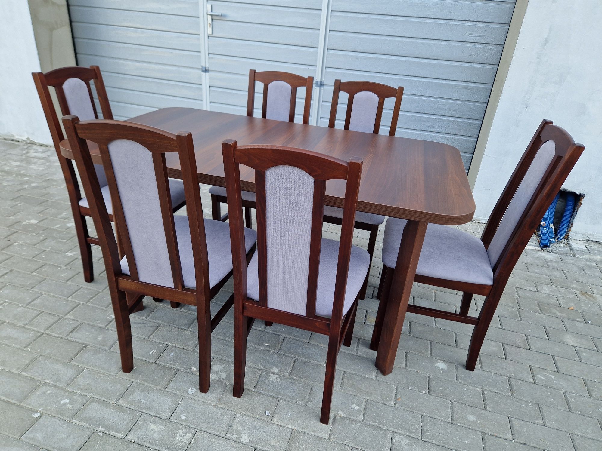 Nowe: Stół 80x140 rozkładany na 180 cm + 6 krzeseł, orzech + szary