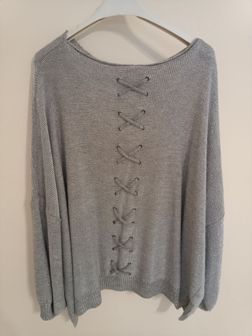 Damski szary sweterek L-XXXL ze srebrną nitką