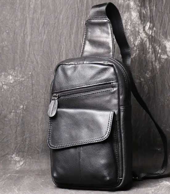 Чоловіча мужская кожаная модная черная бананка сумка нагрудна чорна