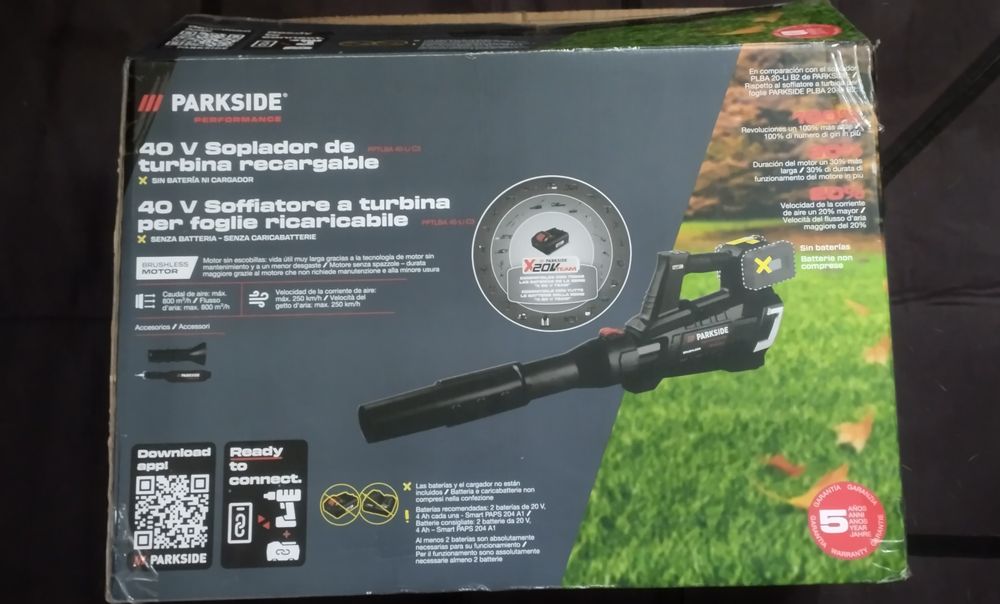 Soprador de folhas 40V Parkside Performance de turbina a bateria