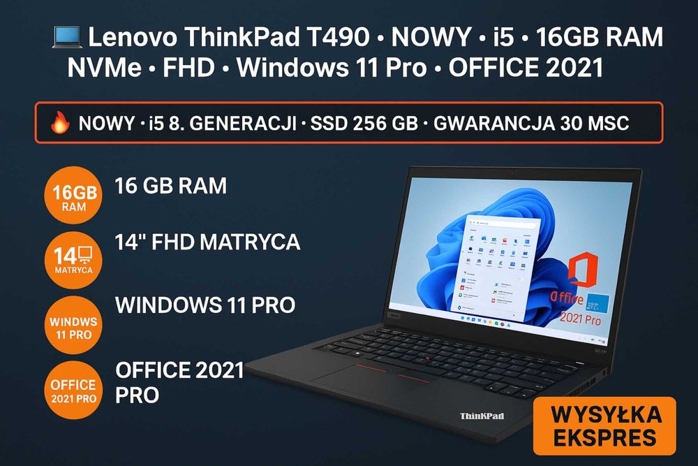 Lenovo ThinkPad T490 NOWY i5 16GB RAM NVMe FHD Win 11 Pro 30 MSC GWAR