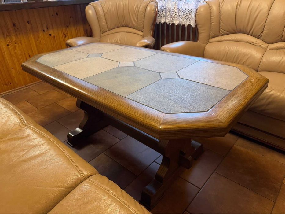 Meble skórzane drewniane komplet / sofa 3os 2os fotel stolik skóra
