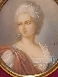 Antiga pintura à lupa - retrato de uma Dama francesa - assinada