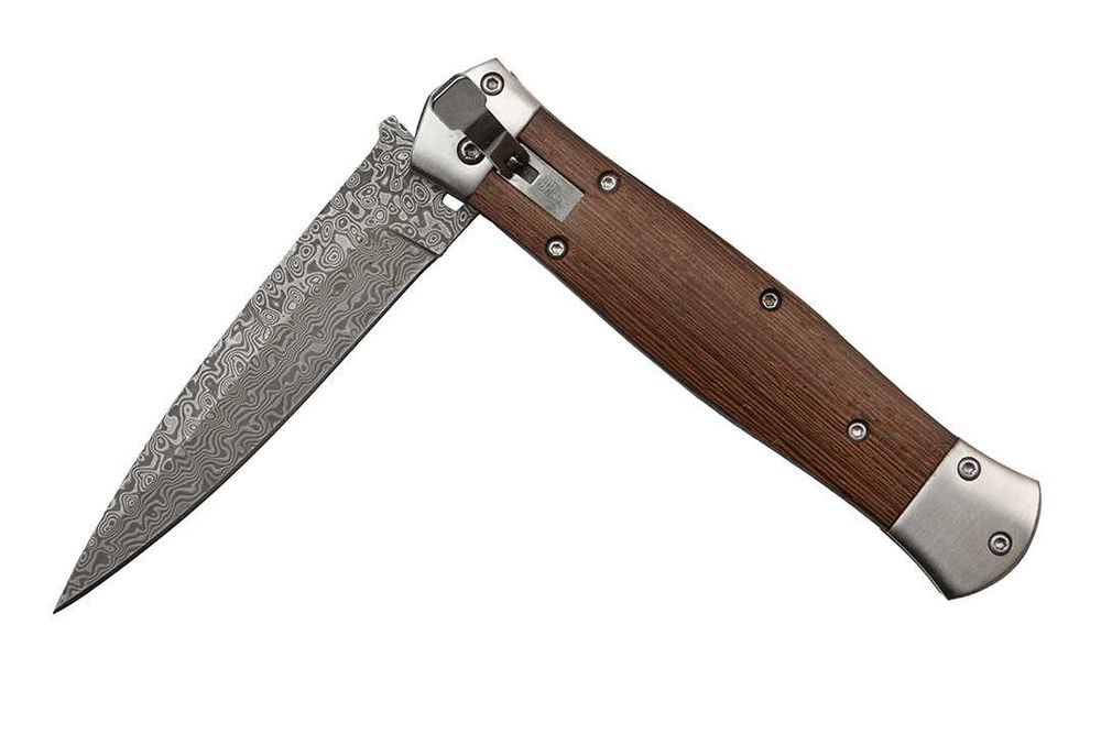 Nóż SPRĘŻYNOWY stal DAMASCEŃSKA składany myśliwski TAKOMA