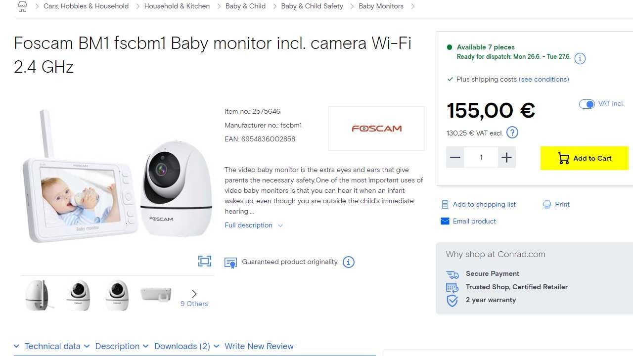 Foscam BM1 fscbm1 Baby monitor incl. camera Wi-Fi 2.4 GHz