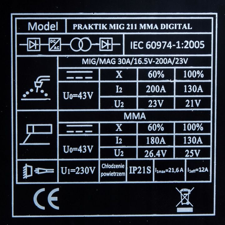 Półautomat Spawalniczy Ideal Praktik Mig 211 Igbt Mma Flux 230v 200a 3