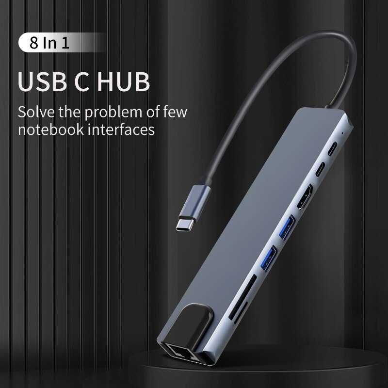 Адаптер Type-C 8 в 1 (HDMI + USB HUB  + кардридер + изернет)