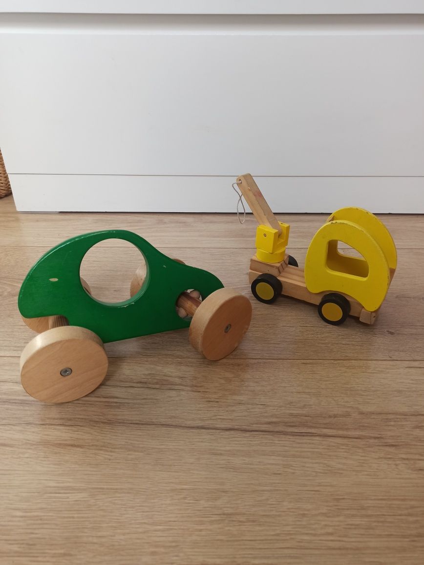 Drewniane autka pojazdy Montessori drewno laweta
