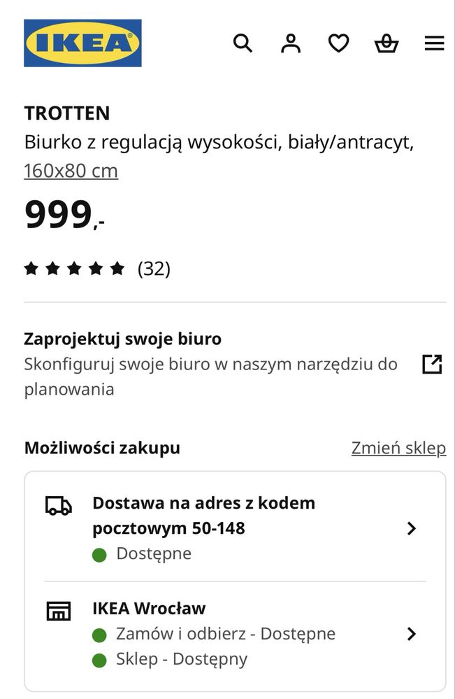 Biurko regulowane Ikea Trotten 160x 80