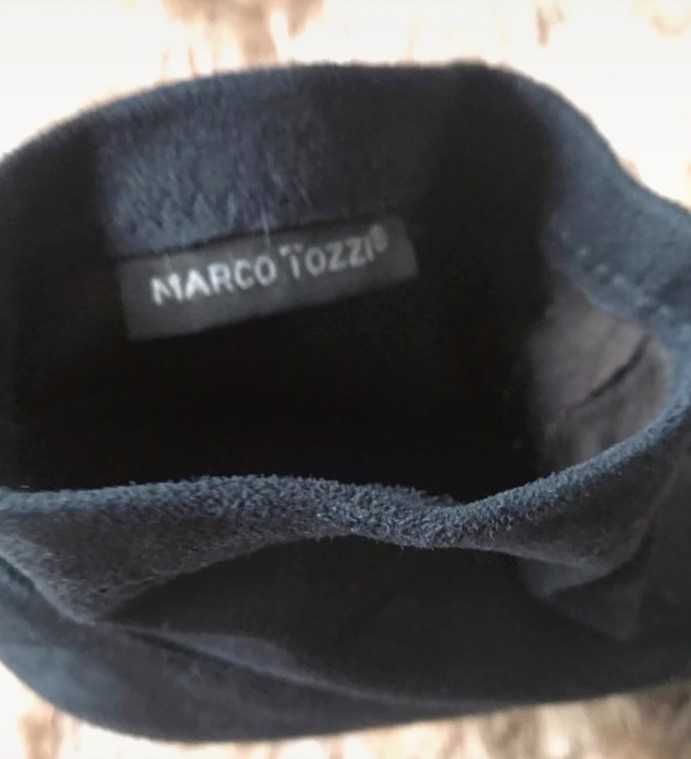 Granatowe botki na obcasie z brokatem Marco Tozzi, zamszowe 42