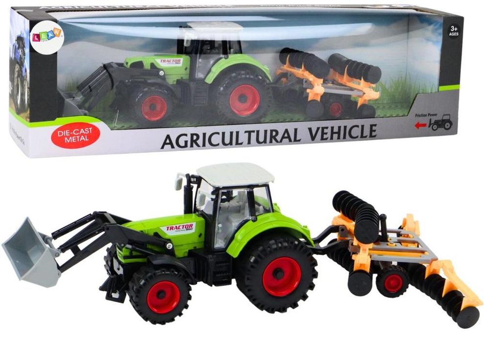 Traktor z broną na napęd zielony pudełko,173x593 mm