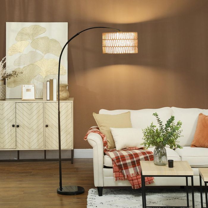 Lampa podłogowa +Pilot do salonu z abażurem lnianym