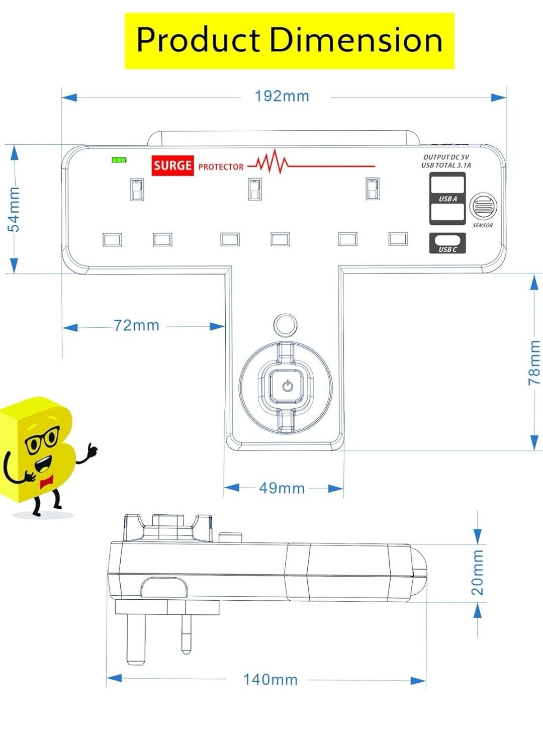Adapter Aninbo Multi Plug z 3 portami USB, przedłużacz wtyczki do góry