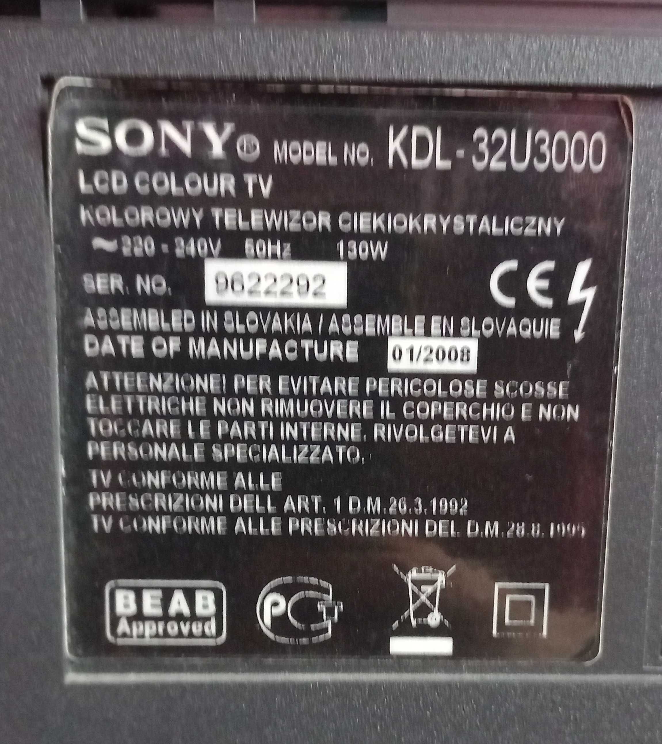 Telewizor 32 cale Sony Bravia. Stan bardzo dobry. KDL32U3000