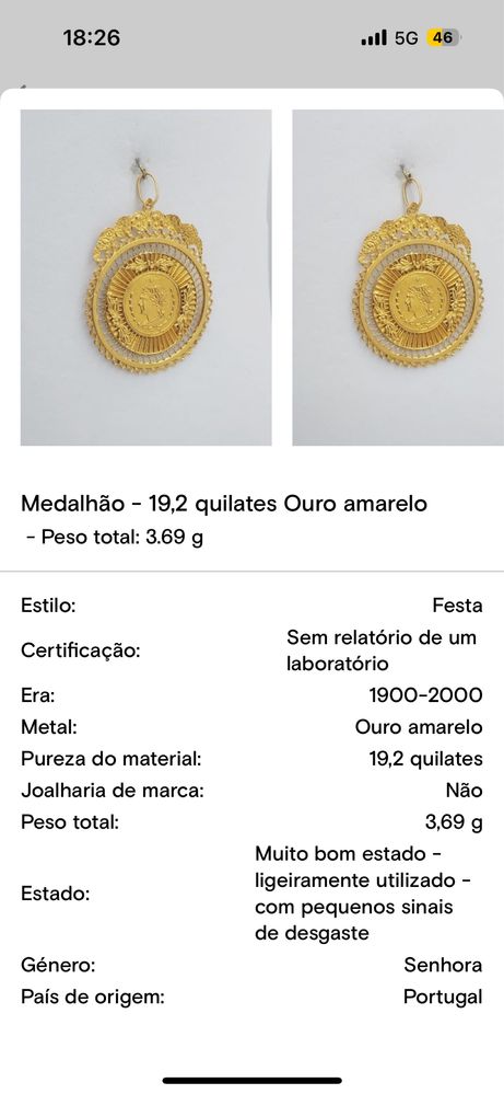 Medalhao 19.2 quilates ouro
