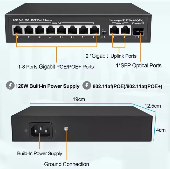 Switch PoE 8 + 2 portas 1G e 1 SFP 1G