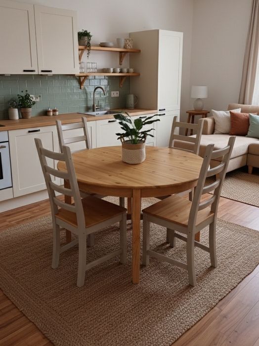 Rozkładany okrągły drewniany stół + 4 krzesła