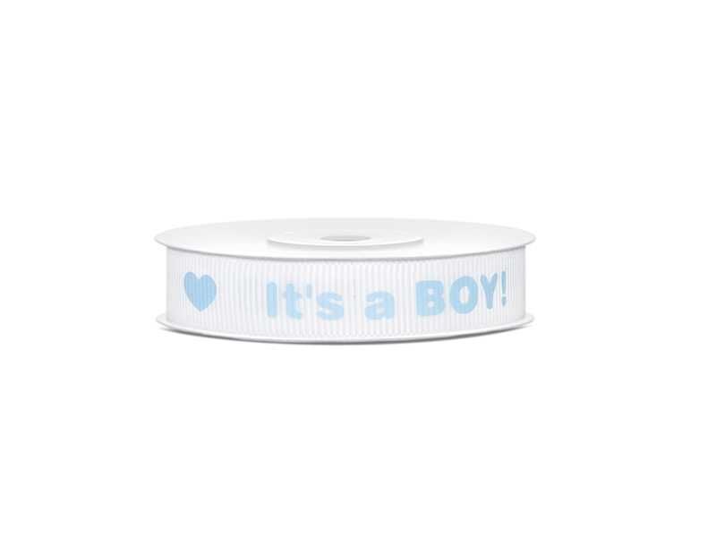 Tasiemka rypsowa z napisem "it's a boy!" 1,2cm/10m BŁĘKITNA