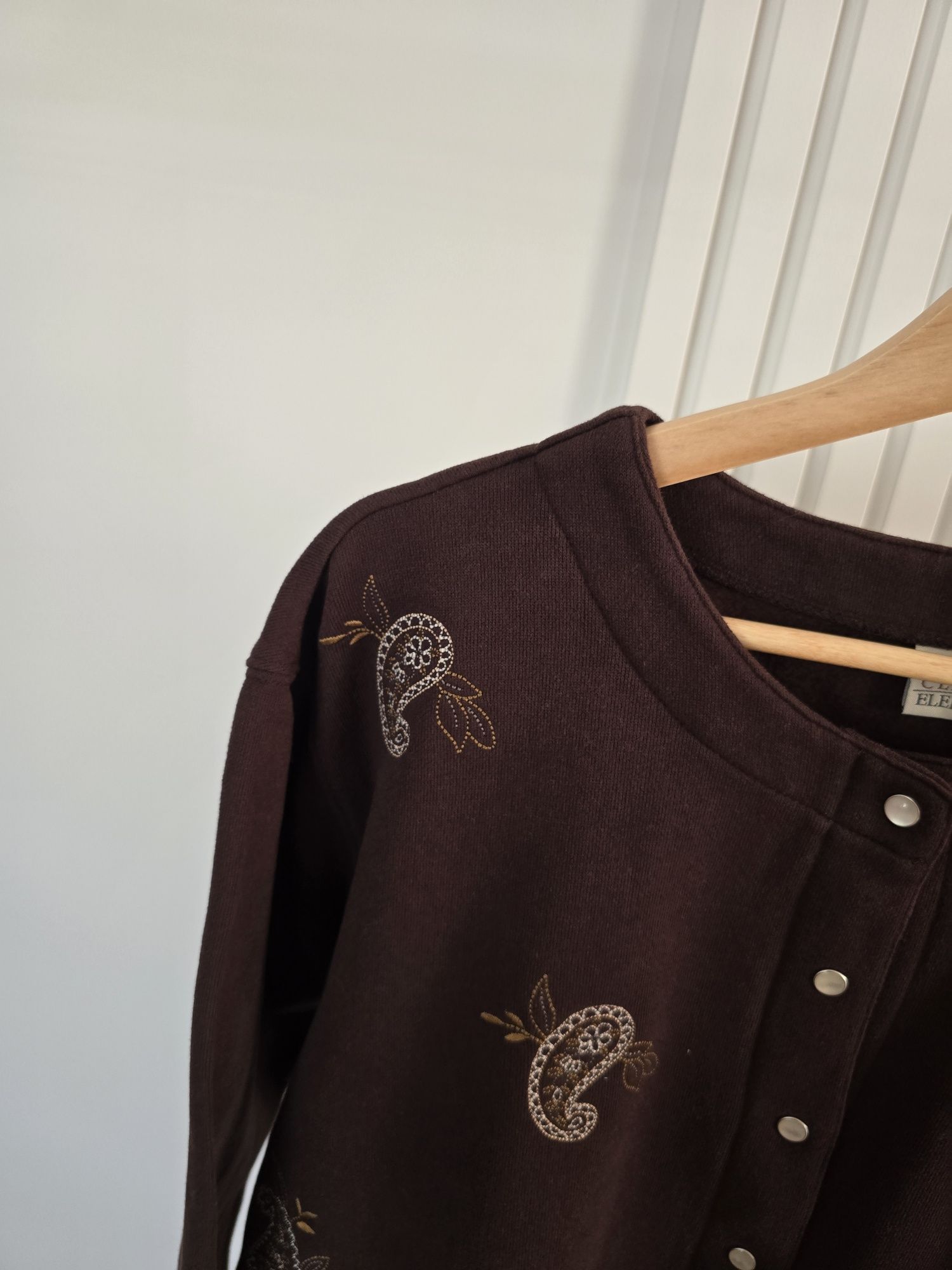 Bluza narzutka czekoladowa 42 XL plus size haftowana bdb vintage zapin