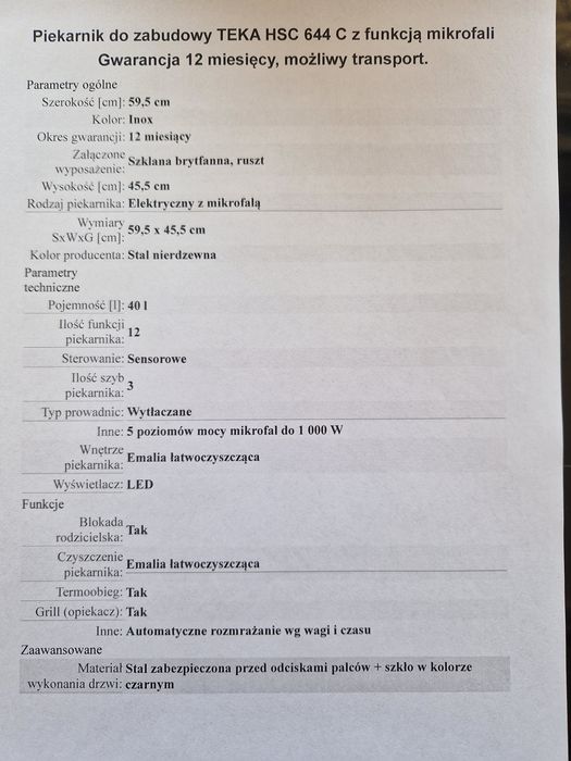 Piekarnik TEKA HSC644C z mikrofalą Nowy