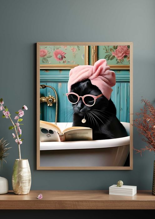 Plakat obraz czarny kot łazience 40x30 cm, dostawa 24h