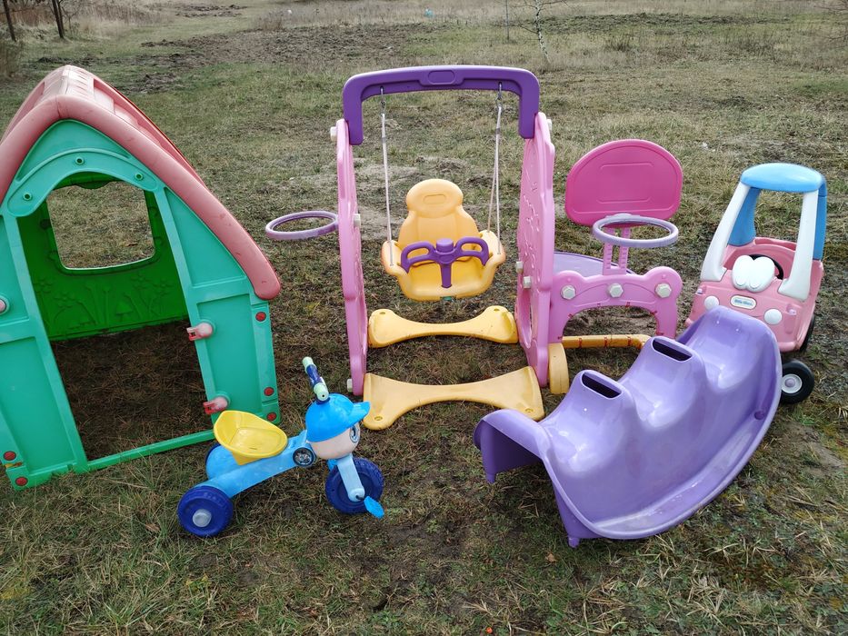 Domek ogrodowy dla dzieci jeździk bujak huśtawka zjeżdżalnia rowerek