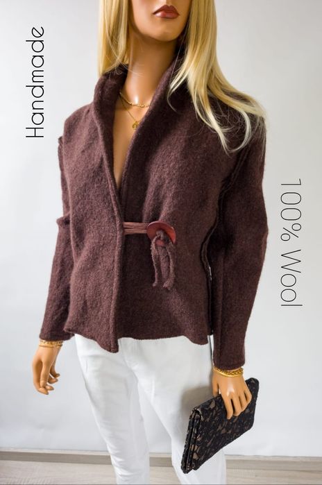Czekoladowa kurtka handmade z parzonej wełny Unikat Avant-Garde 2xl/3x