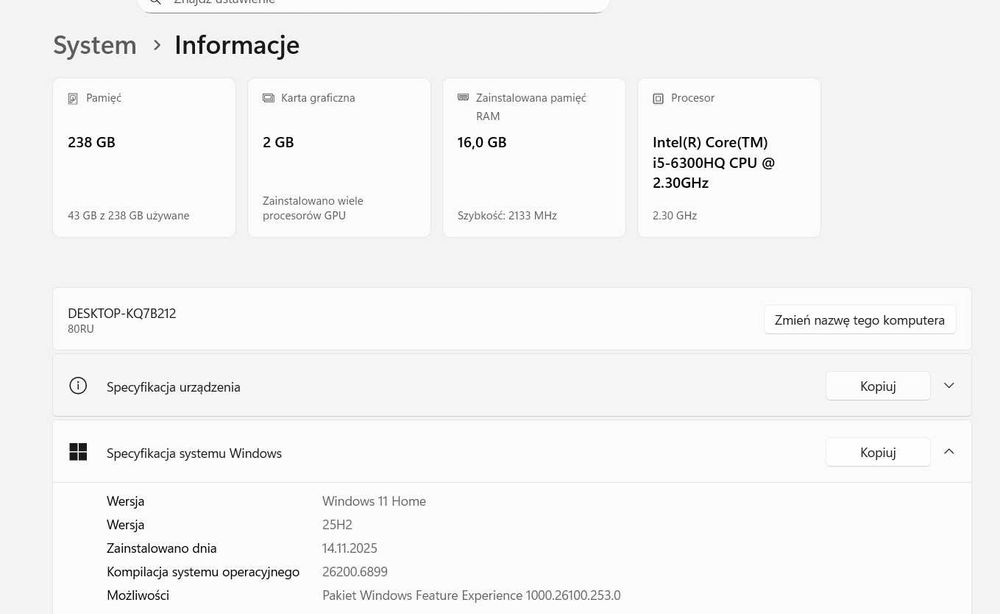 Laptop Gamingowy Lenovo Intel I5-6300 HQ 16GB DDR4 GTX 950 256GB NVME