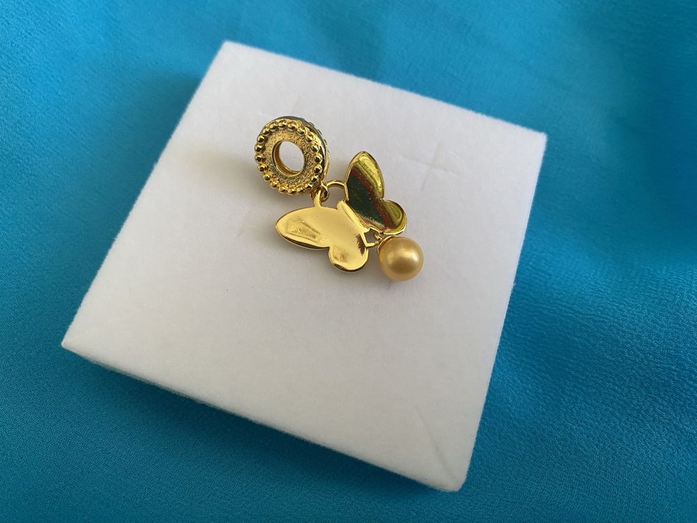 nowa masywna pozłacana zawieszka charms beads motyl z perłą srebro 925