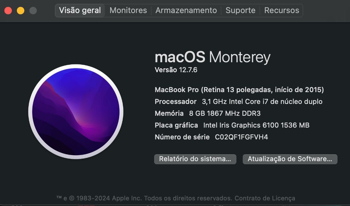 MacBook Pro macOS Monterey 3.1GHz Intel Core i7 8GB 1867 MHz DDR3