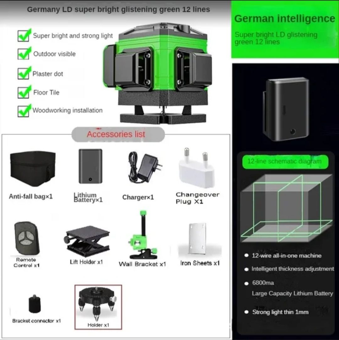 Poziomica laserowa 12 linii laser krzyżowy 360 3D