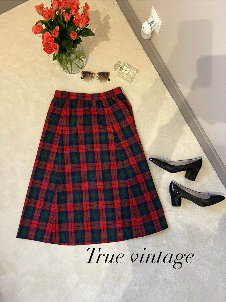 Spódnica midi szkocka krata true wintage wełna len hand made retro