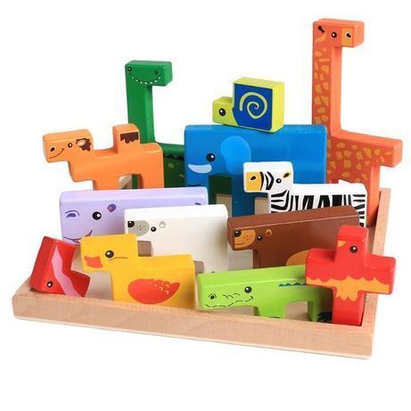Edukacyjne puzzle klocki wieża zwierzaki