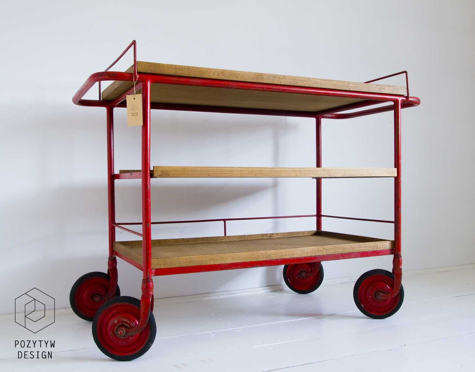 Czerwony wózek kuchenny vintage pomocnik metalowy retro barek